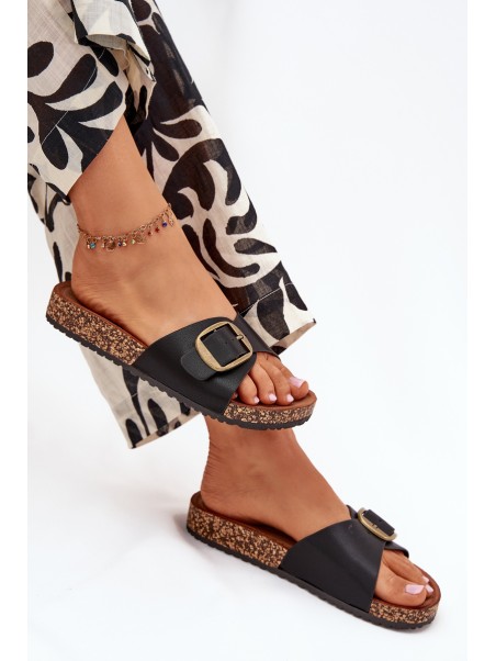 Women's sandals on cork platform with buckle black Vianara