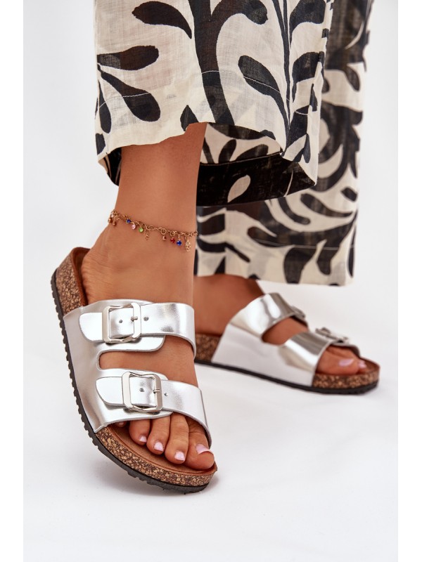 Women's Cork Platform Slippers With Buckles Silver Vesina