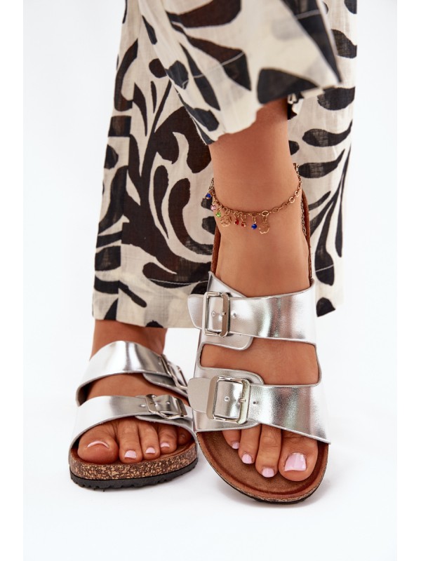 Women's Cork Platform Slippers With Buckles Silver Vesina 2