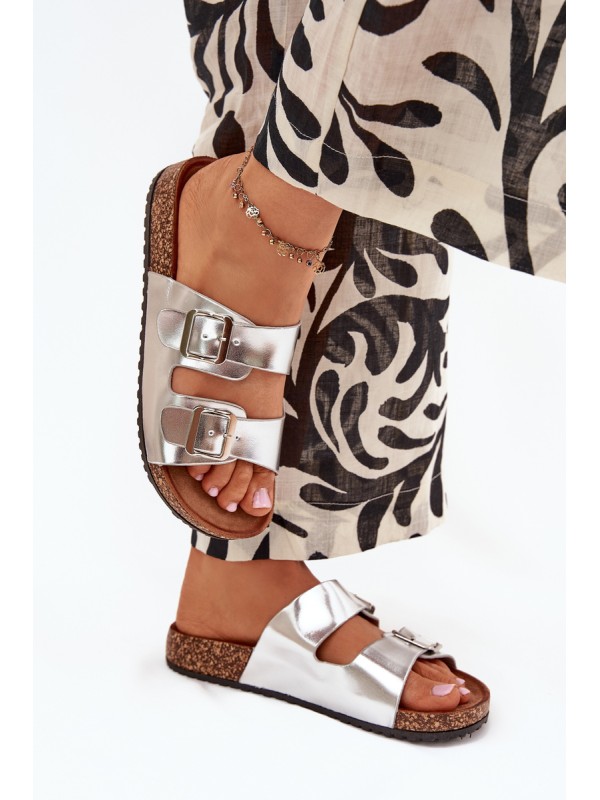 Women's Cork Platform Slippers With Buckles Silver Vesina