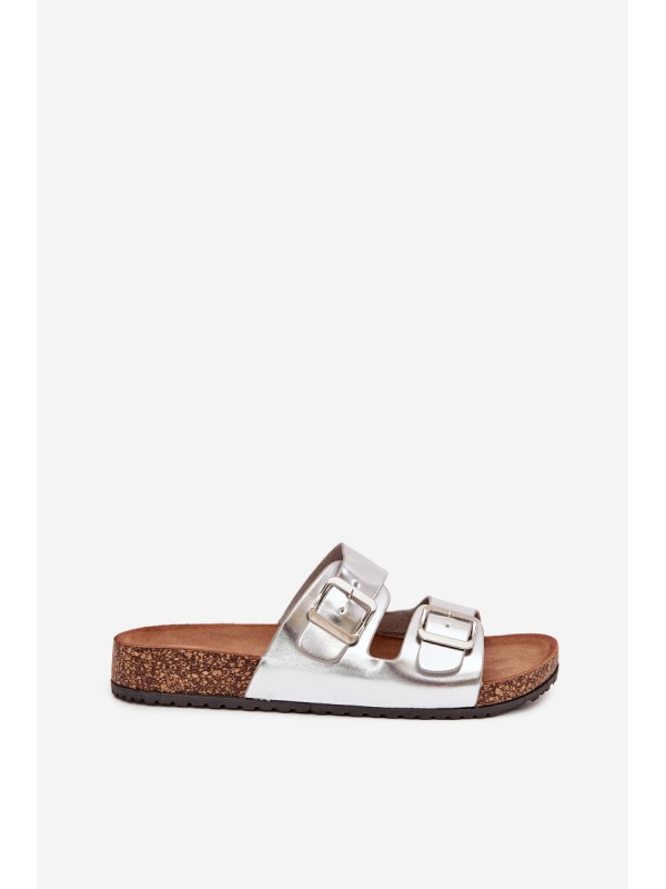 Women's Cork Platform Slippers With Buckles Silver Vesina