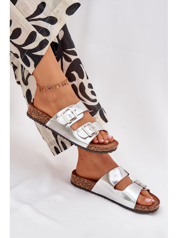 Women's Cork Platform Slippers With Buckles Silver Vesina