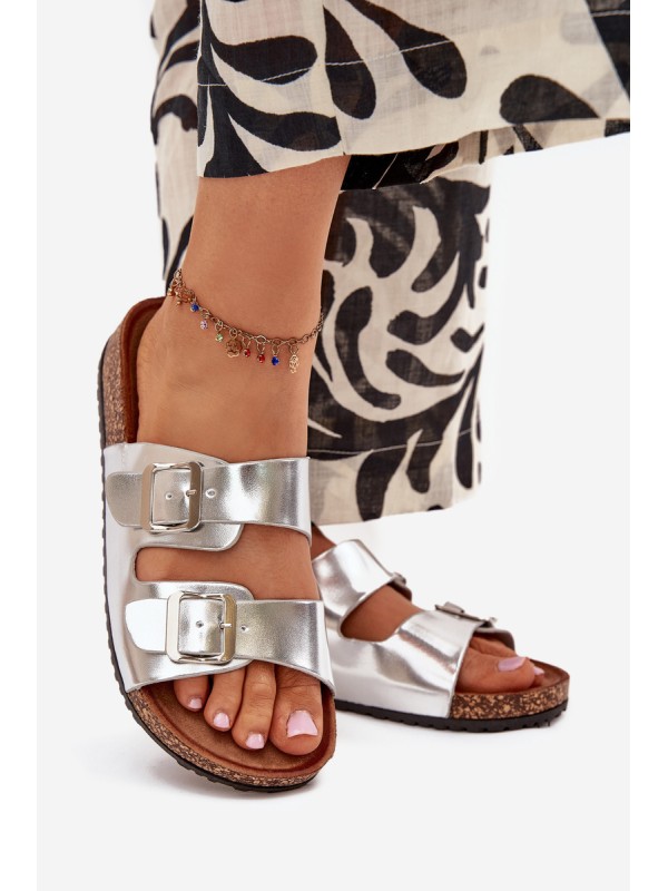 Women's Cork Platform Slippers With Buckles Silver Vesina