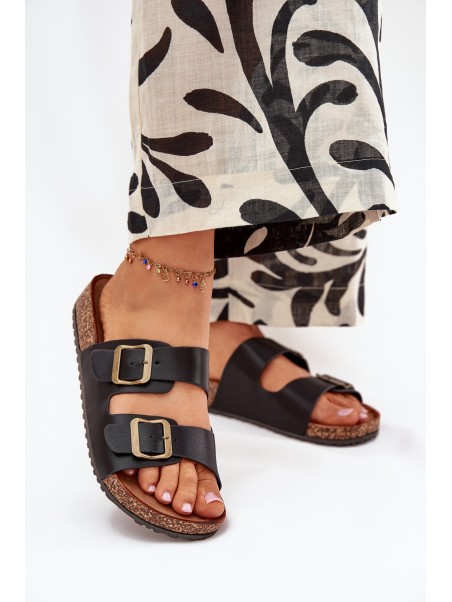 Women's Flip Flops On Cork Platform With Buckles Black Vesina