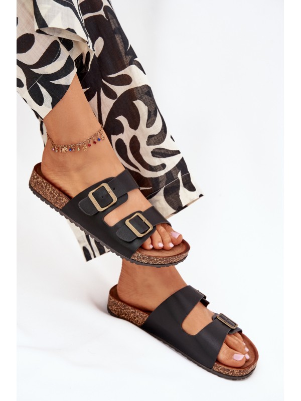 Women's Flip Flops On Cork Platform With Buckles Black Vesina