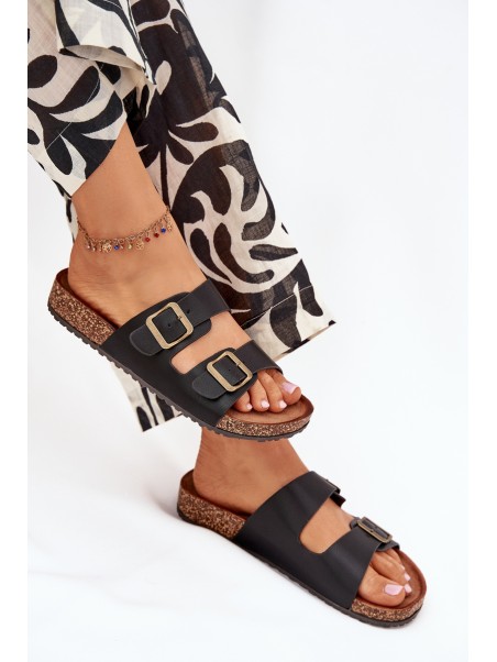 Women's Flip Flops On Cork Platform With Buckles Black Vesina