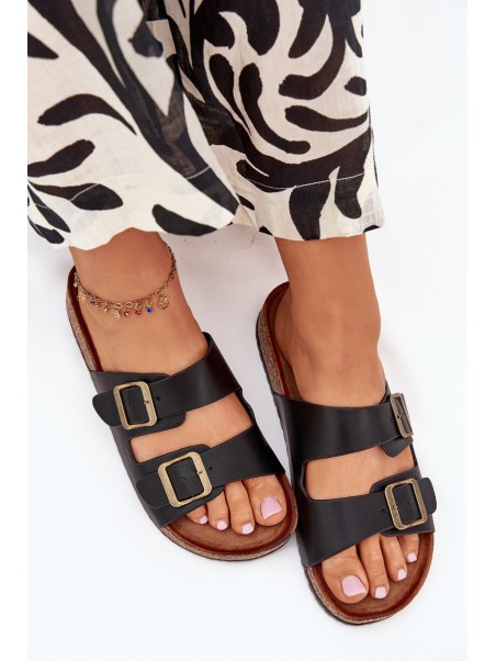 Women's Flip Flops On Cork Platform With Buckles Black Vesina