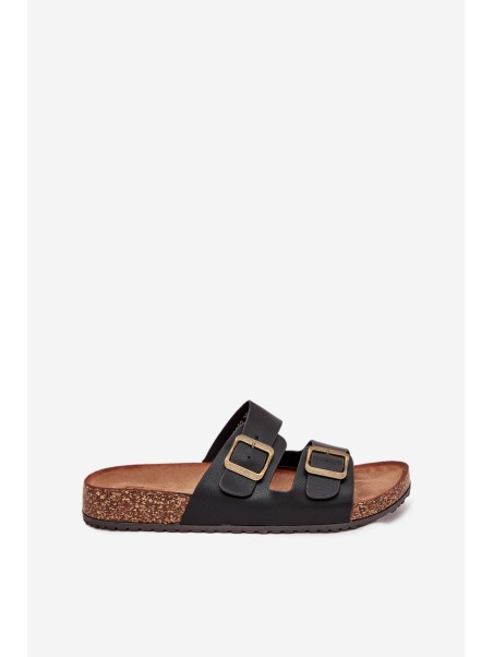 Women's Flip Flops On Cork Platform With Buckles Black Vesina