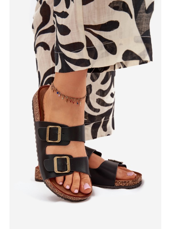 Women's Flip Flops On Cork Platform With Buckles Black Vesina