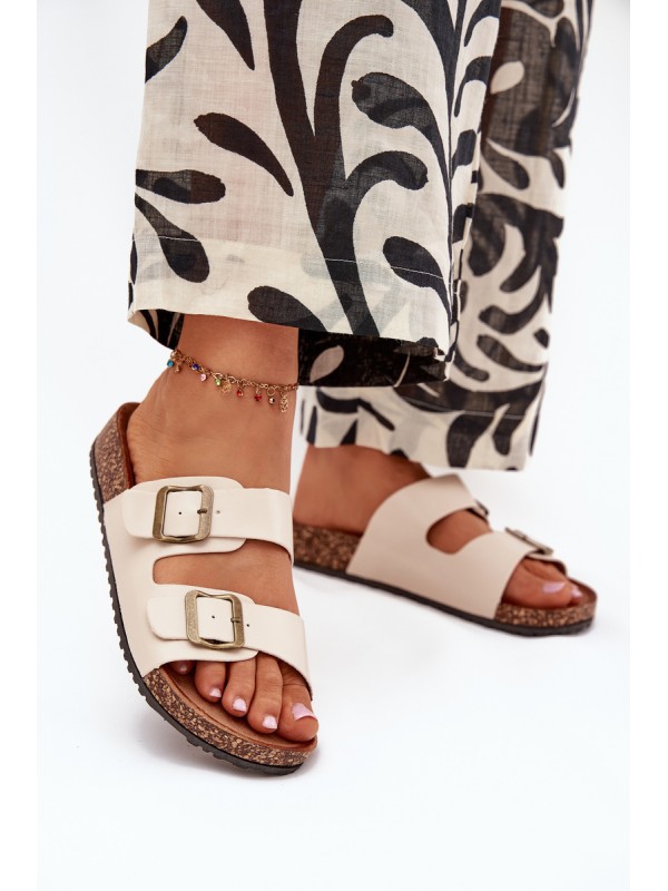 Women's Cork Platform Slippers With Buckles Beige Vesina 2