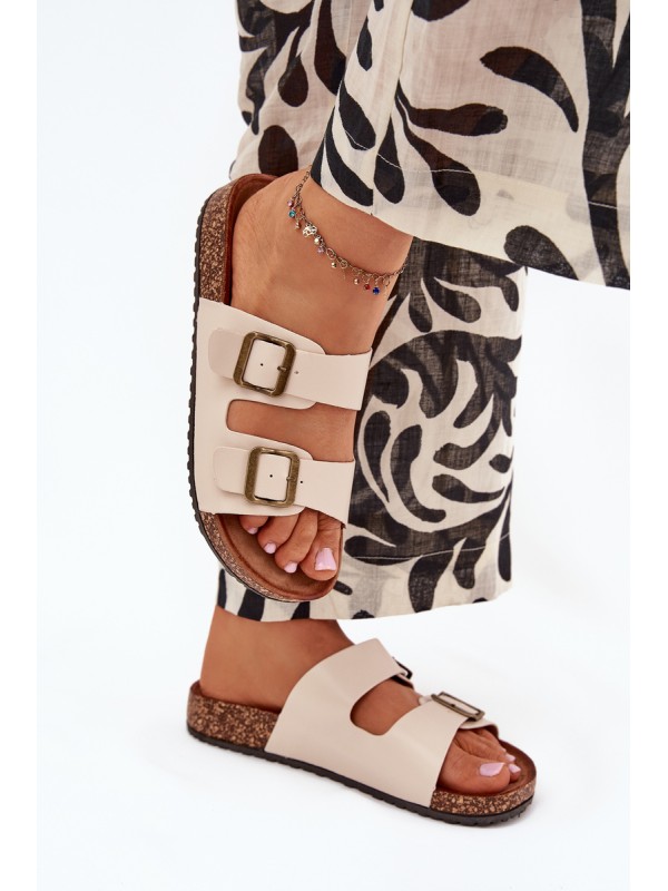 Women's Cork Platform Slippers With Buckles Beige Vesina