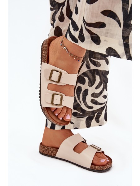 Women's Cork Platform Slippers With Buckles Beige Vesina