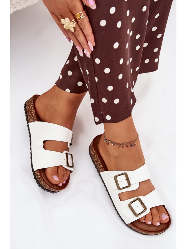 Women's Cork Platform Slippers With Buckles White Vesina