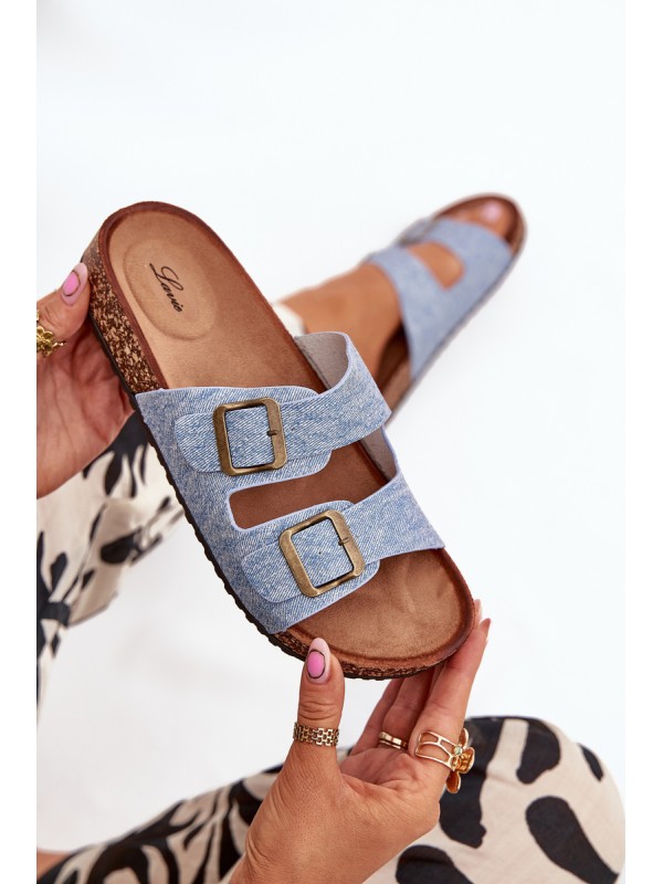 Women's Slippers On Cork Platform With Buckles Light Denim Vesina