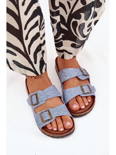 Women's Slippers On Cork Platform With Buckles Light Denim Vesina