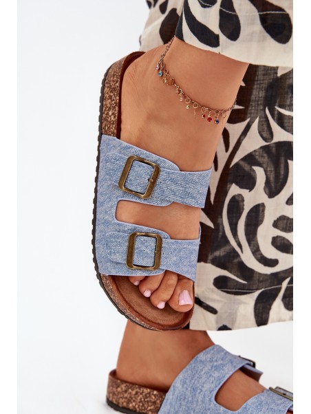 Women's Slippers On Cork Platform With Buckles Light Denim Vesina