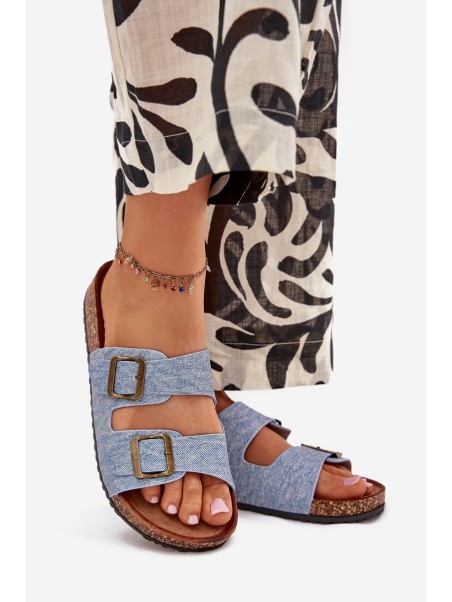 Women's Slippers On Cork Platform With Buckles Light Denim Vesina