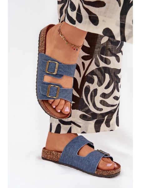 Ladies Slippers On Cork Platform With Buckles Dark Jeans Vesina