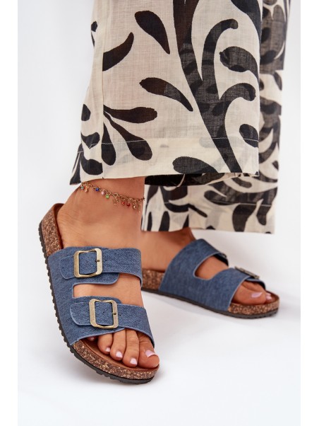 Ladies Slippers On Cork Platform With Buckles Dark Jeans Vesina