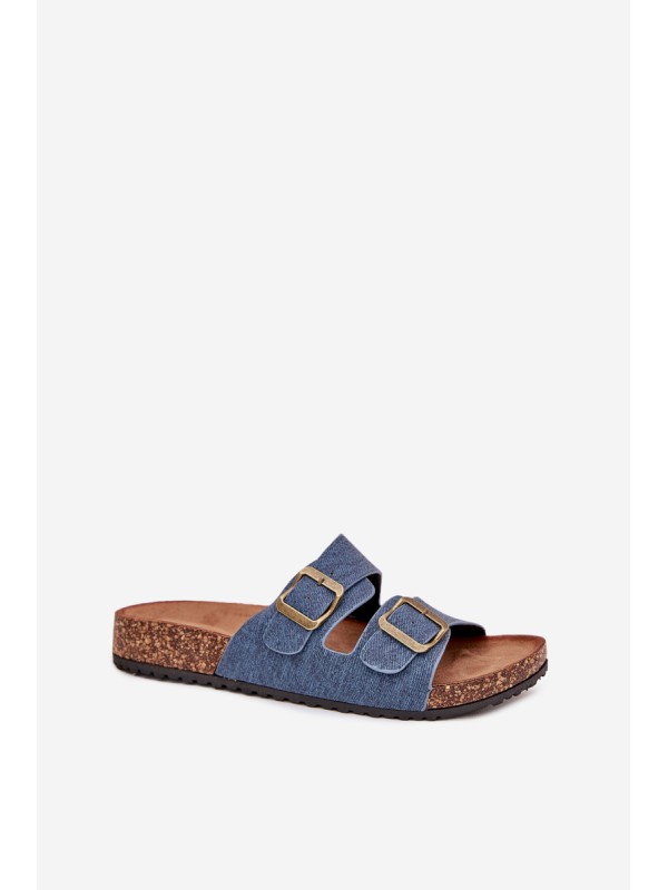 Ladies Slippers On Cork Platform With Buckles Dark Jeans Vesina