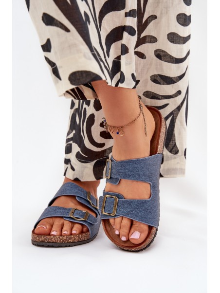 Ladies Slippers On Cork Platform With Buckles Dark Jeans Vesina