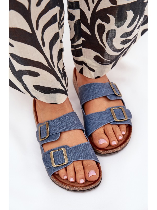 Ladies Slippers On Cork Platform With Buckles Dark Jeans Vesina