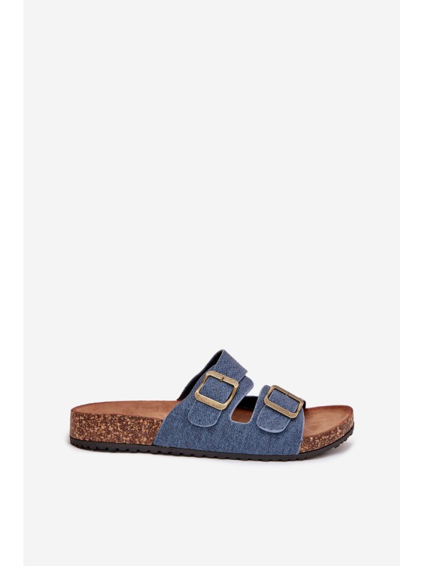 Ladies Slippers On Cork Platform With Buckles Dark Jeans Vesina