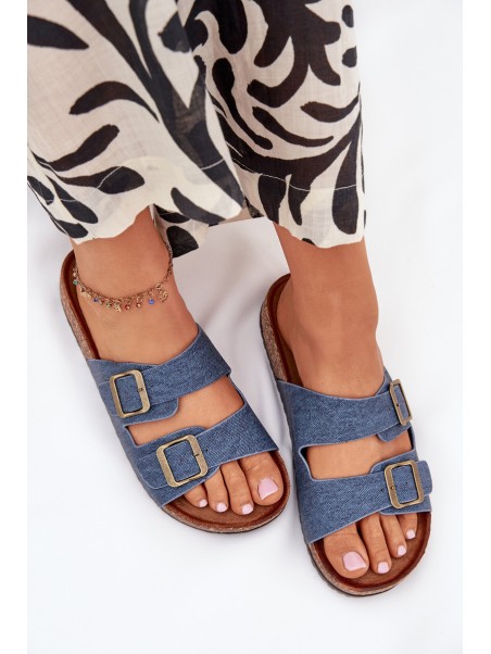 Ladies Slippers On Cork Platform With Buckles Dark Jeans Vesina