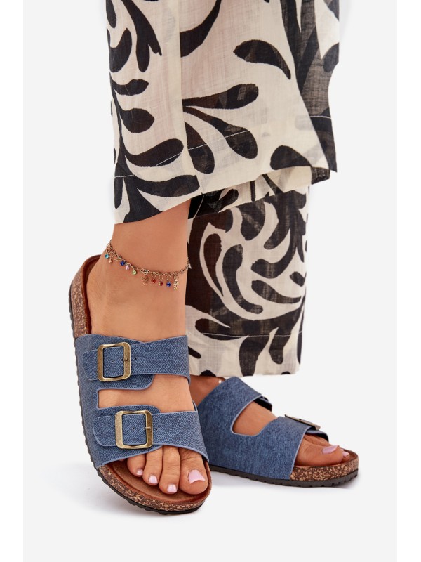 Ladies Slippers On Cork Platform With Buckles Dark Jeans Vesina
