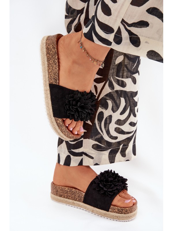 Women's Platform Slippers With Decorative Flowers Black Tessara