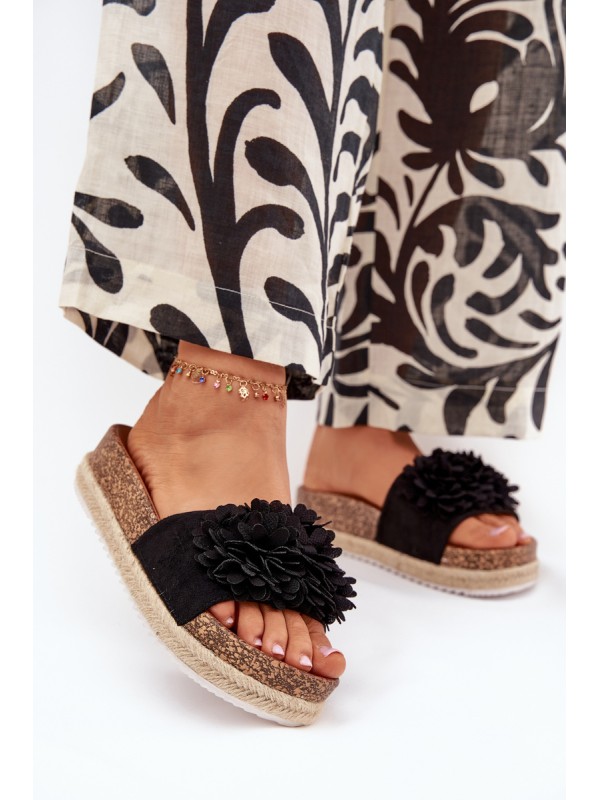 Women's Platform Slippers With Decorative Flowers Black Tessara