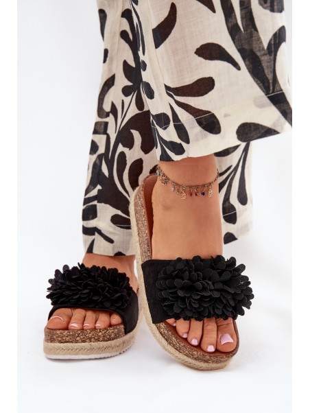 Women's Platform Slippers With Decorative Flowers Black Tessara