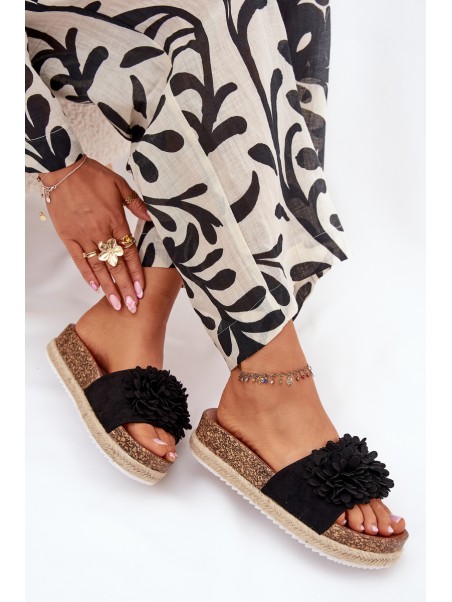 Women's Platform Slippers With Decorative Flowers Black Tessara