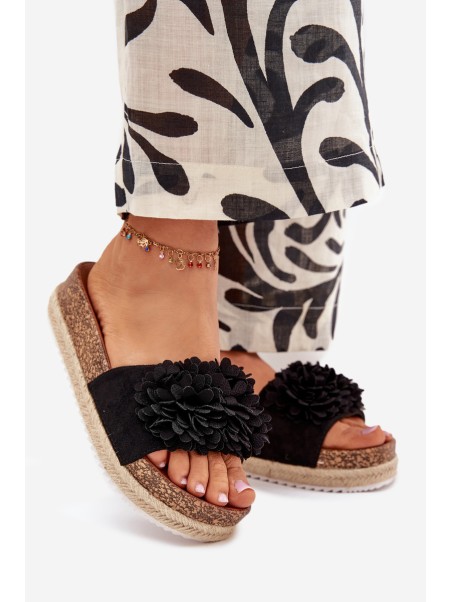 Women's Platform Slippers With Decorative Flowers Black Tessara