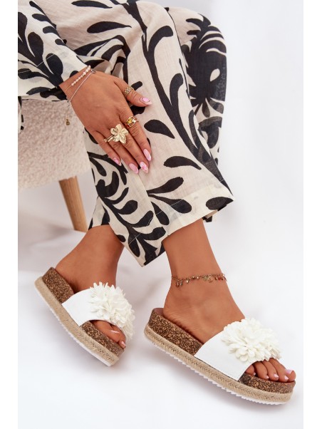 Womens Platform Slippers With Decorative Flowers White Tessara