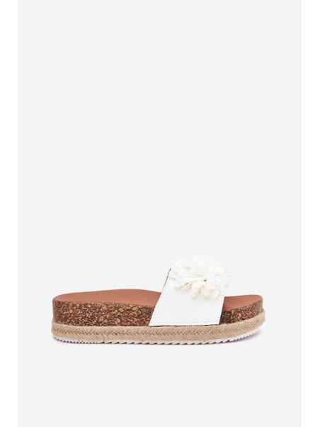 Womens Platform Slippers With Decorative Flowers White Tessara