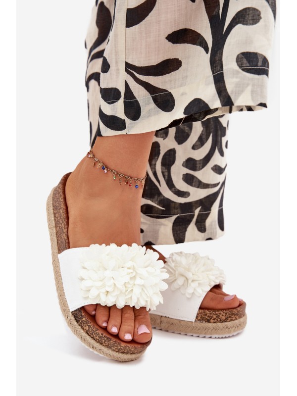 Womens Platform Slippers With Decorative Flowers White Tessara