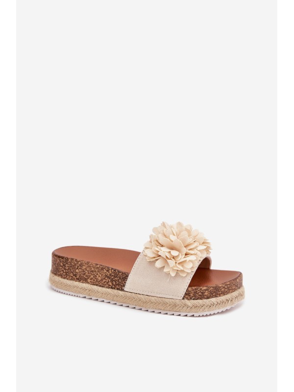 Ladies platform sandals with decorative flowers beige Tessara