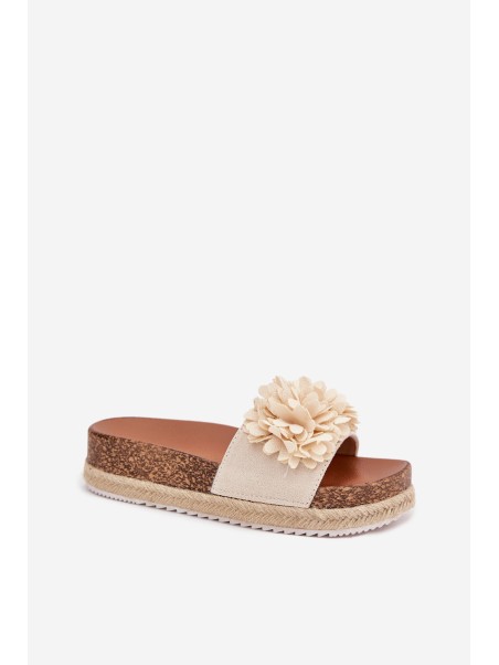 Ladies platform sandals with decorative flowers beige Tessara