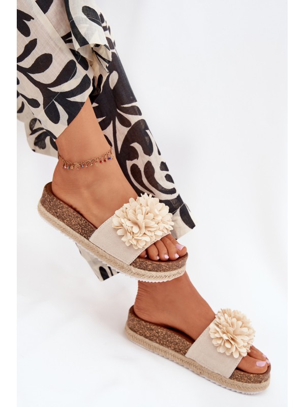 Ladies platform sandals with decorative flowers beige Tessara