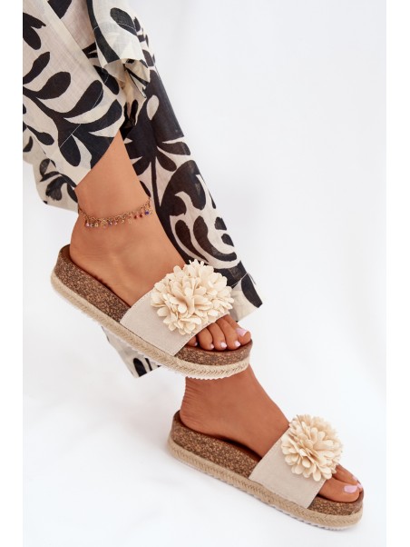 Ladies platform sandals with decorative flowers beige Tessara