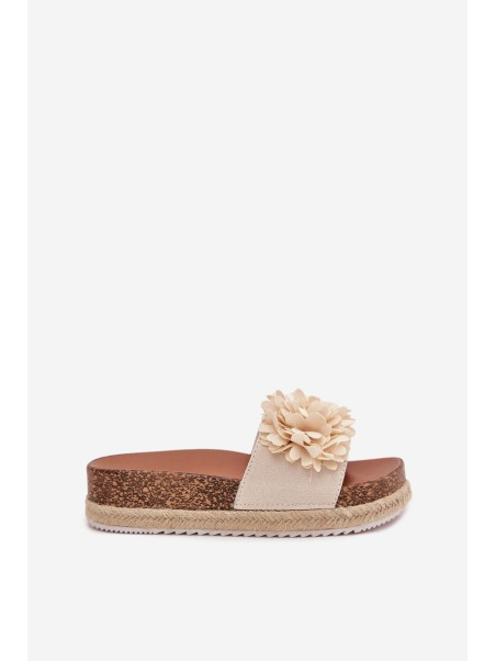 Ladies platform sandals with decorative flowers beige Tessara