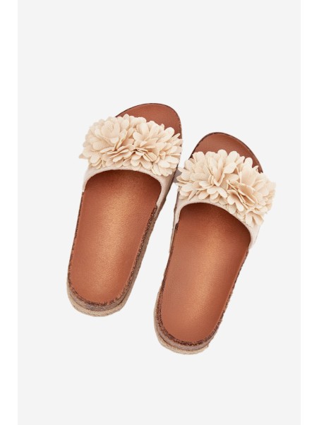 Ladies platform sandals with decorative flowers beige Tessara