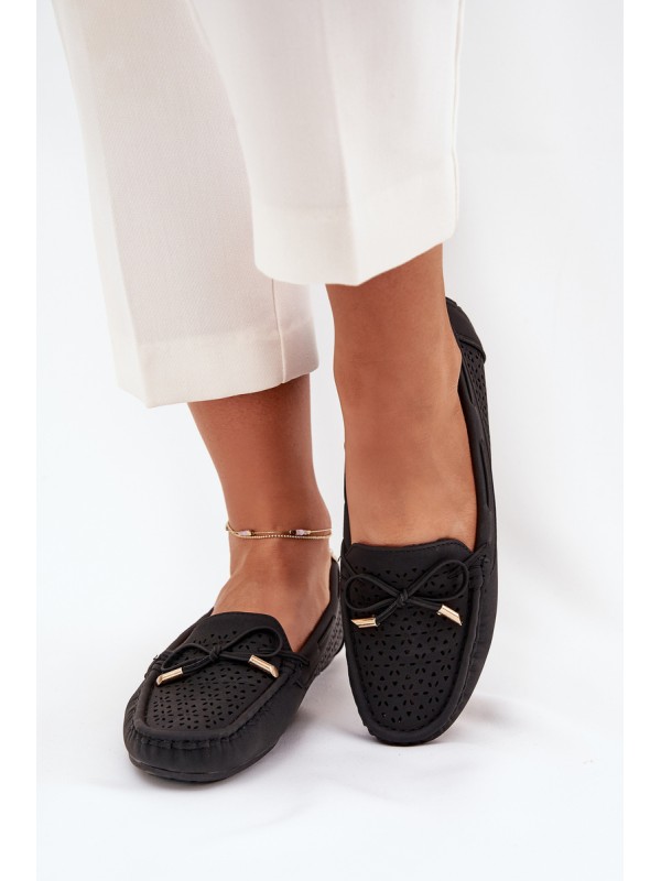 Women's Moccasins With Perforated Pattern And Lacing Black Mirisa