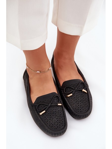 Women's Moccasins With Perforated Pattern And Lacing Black Mirisa