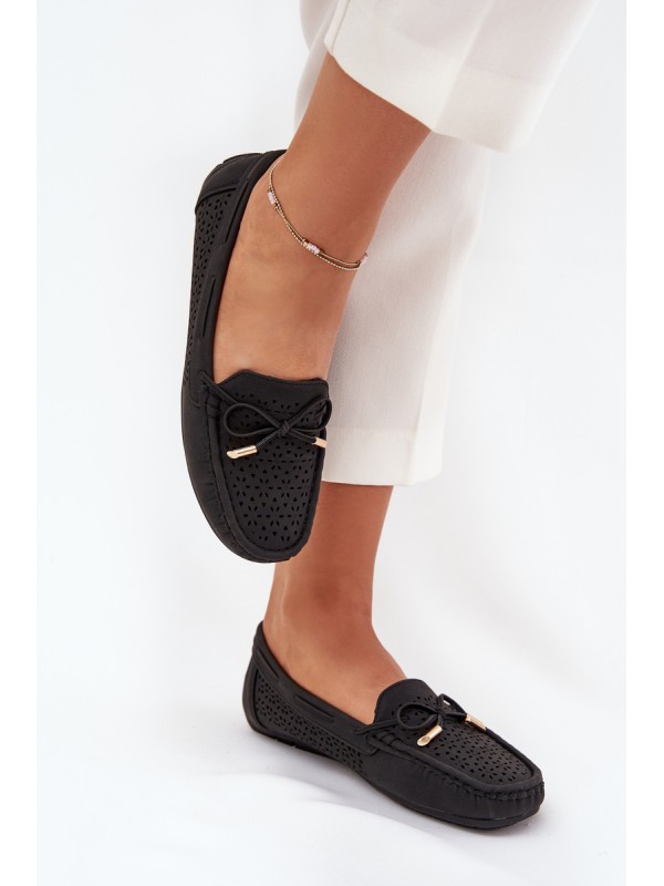 Women's Moccasins With Perforated Pattern And Lacing Black Mirisa