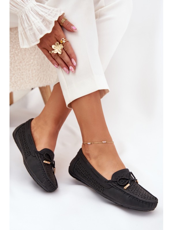 Women's Moccasins With Perforated Pattern And Lacing Black Mirisa