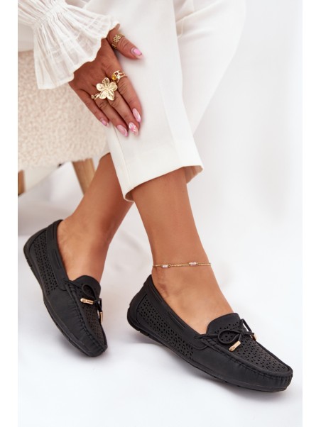 Women's Moccasins With Perforated Pattern And Lacing Black Mirisa