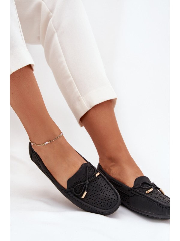 Women's Moccasins With Perforated Pattern And Lacing Black Mirisa