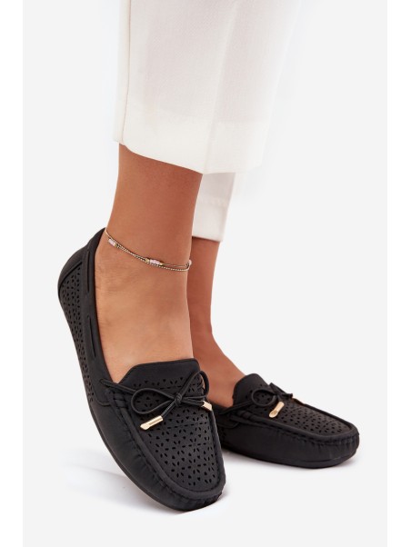 Women's Moccasins With Perforated Pattern And Lacing Black Mirisa